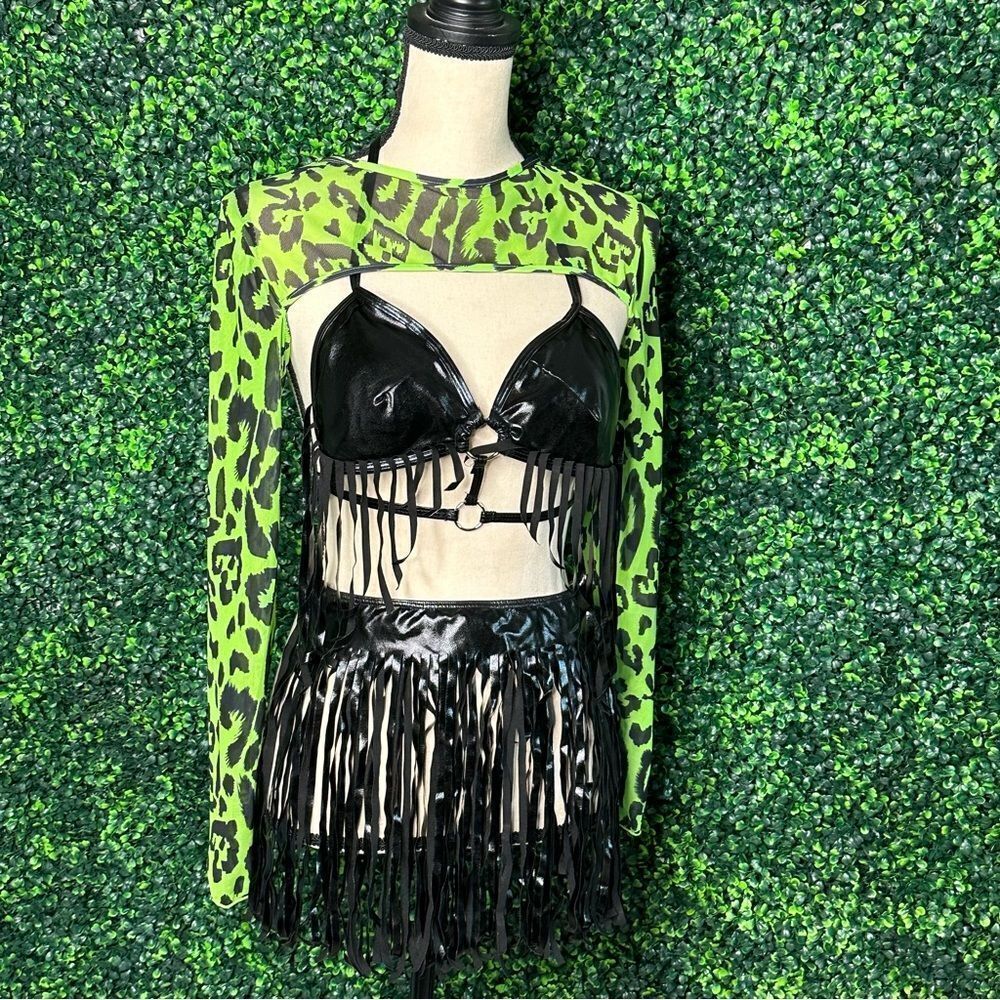 3 pc.  EDM Dance Faux Leather Neon Black Fringe Skirt bikini Top Sleeve Sz S Set